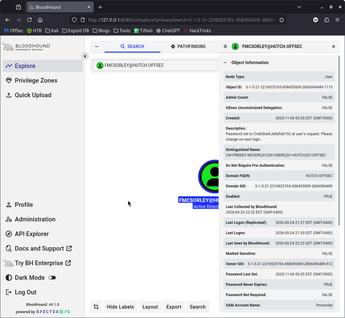BloodHound fmcsorley user analysis
