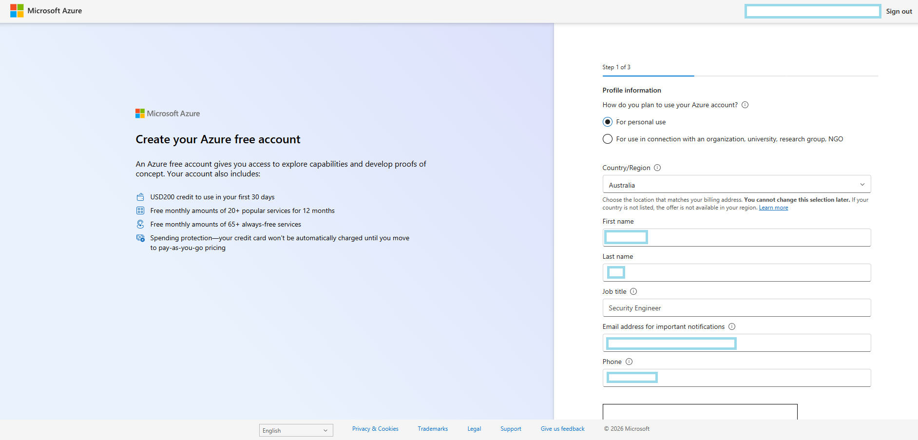 Creating Azure free account