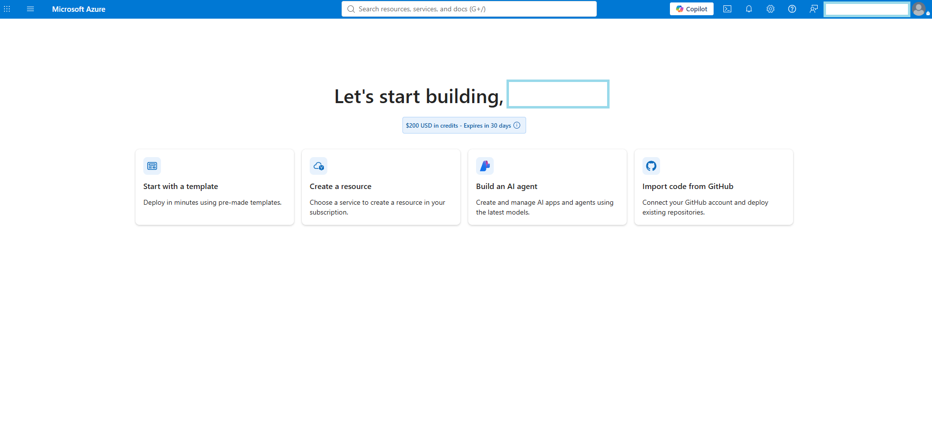 Landing page of Azure portal