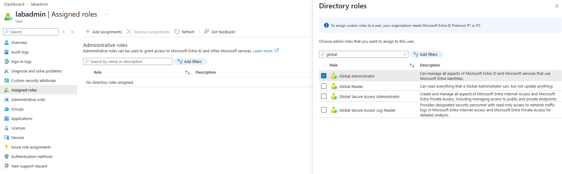 Assigning the Global Administrator role to labadmin