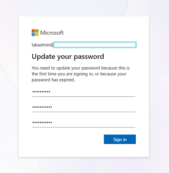 Signing in as labadmin and changing the temporary password