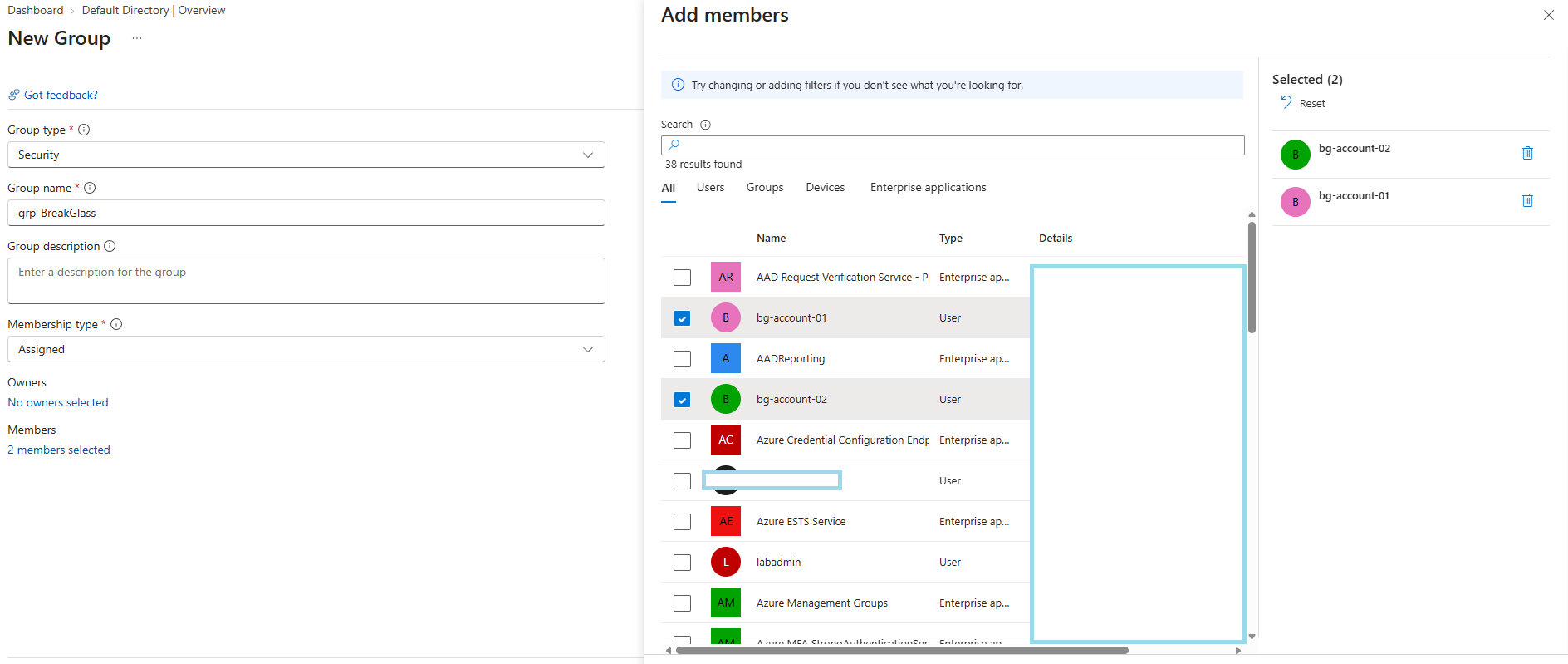 Adding the break-glass account to an assigned-membership exclusion group