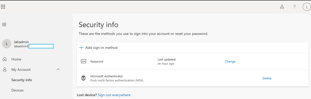 Registering MFA for labadmin via Microsoft Authenticator