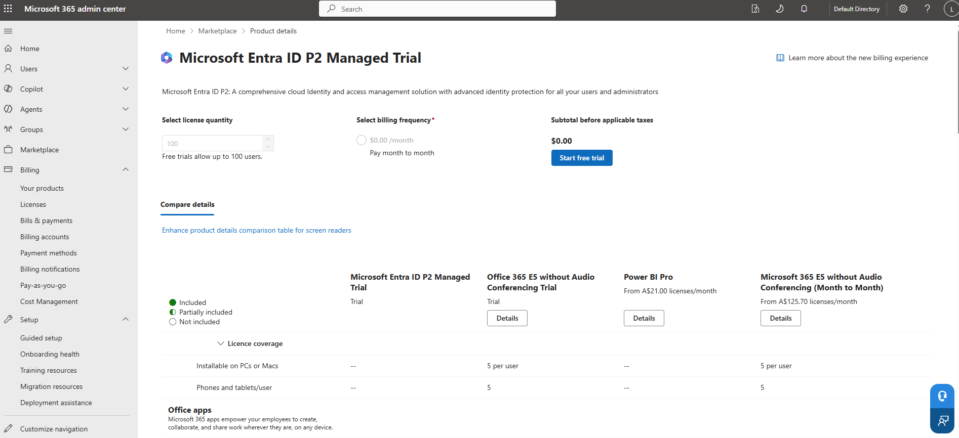 Starting the Entra ID P2 free trial