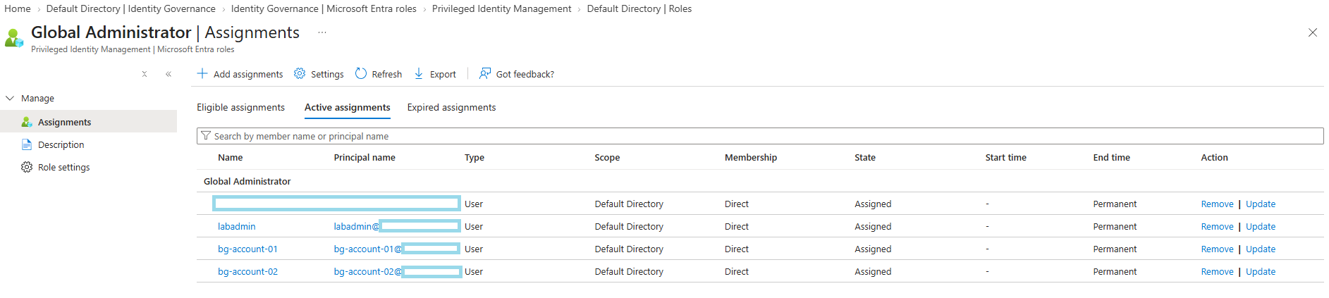 Verifying break-glass accounts show Permanent under Active assignments