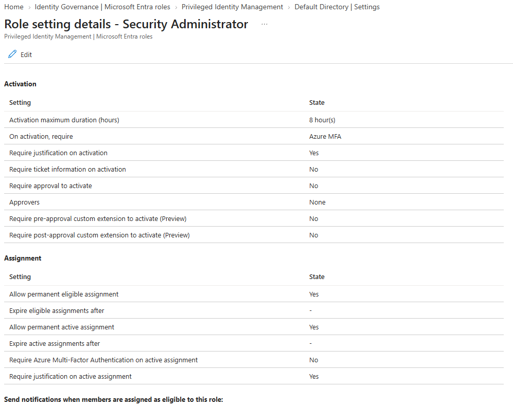 Opening role settings for Security Administrator in PIM