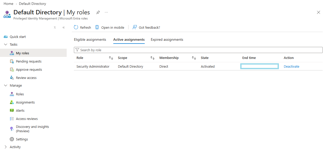 Verifying the Security Administrator role is now active for Alice
