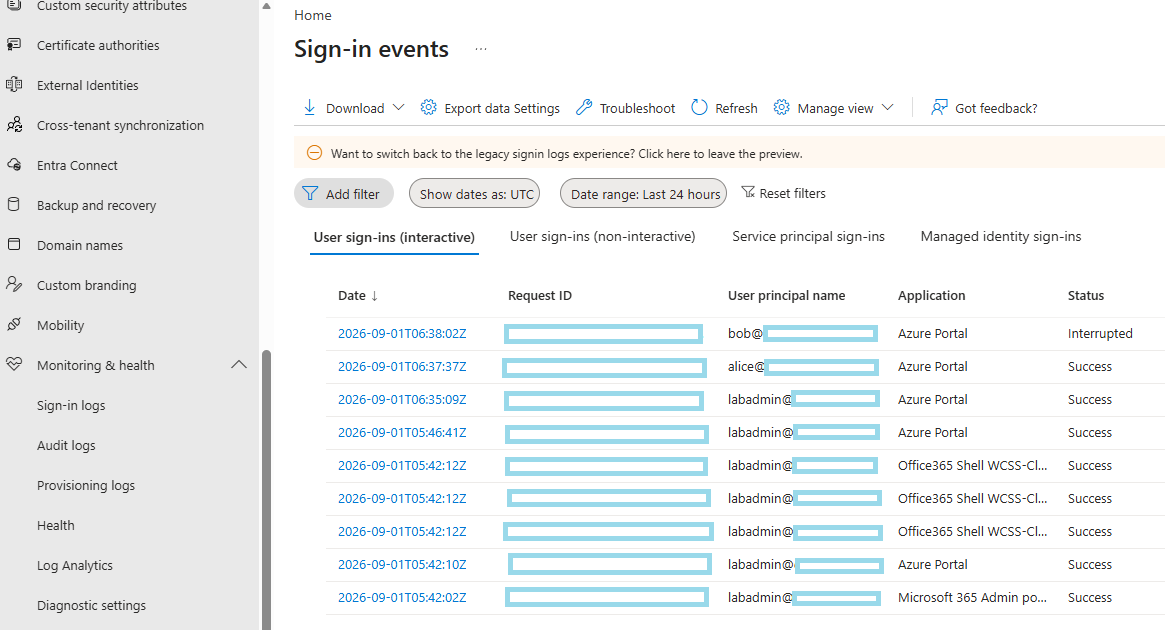 Sign-in logs generated by alice and bob