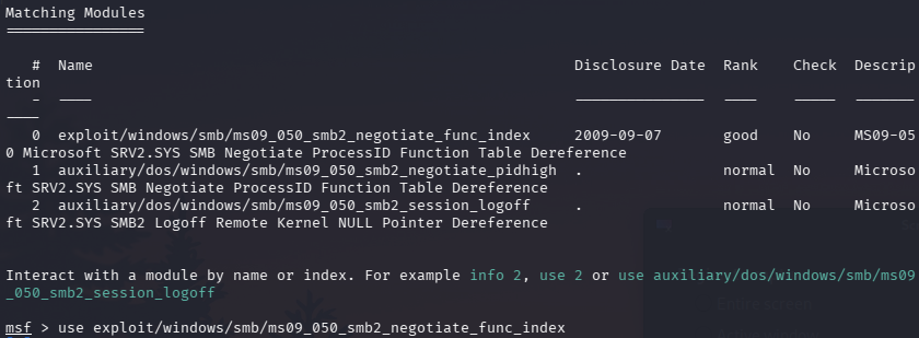 Metasploit search result