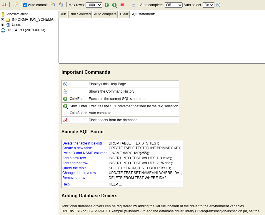 H2 connected database console