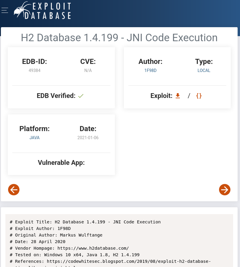 Exploit-DB H2 result